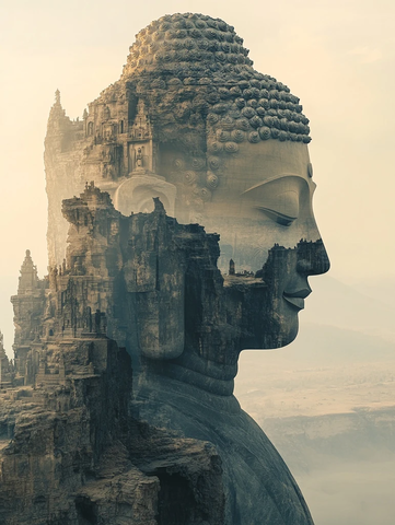 巨型佛像雕刻与岩石的艺术融合景象