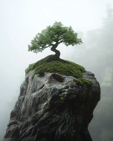 雾中苔石上的盆景树