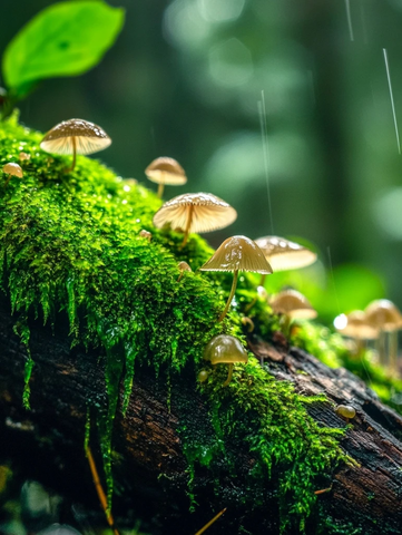 树干上的苔藓和小蘑菇