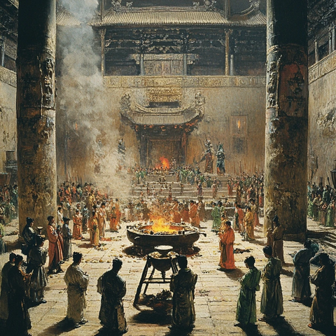 古建筑内众人围火举行庄重仪式的场景