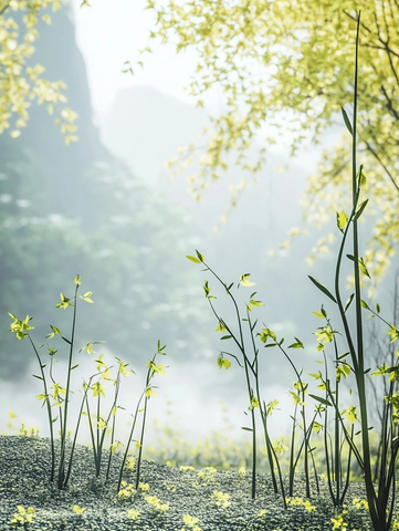 春晨薄雾嫩绿新芽