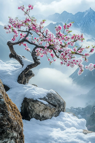 梅树白粉花与雪山岩石