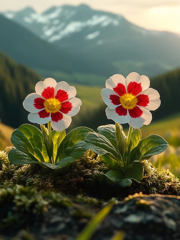 红白报春花盛开石上