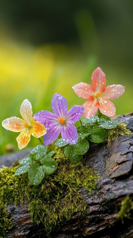 十二色花盛开在苔藓枯木上