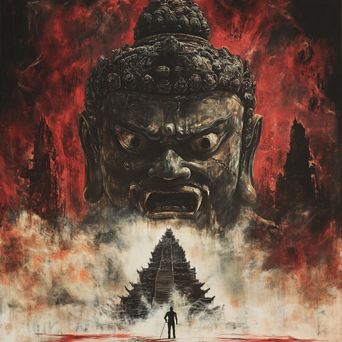 神秘佛头前站着一个人的震撼场景