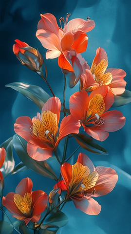 橙红花蓝背景水彩花卉