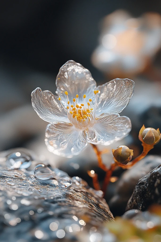 石缝中的玻璃花与绿叶