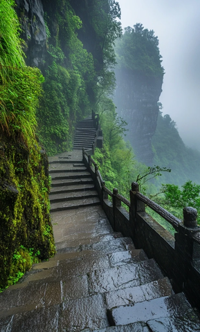 春雨后的山间石阶小路