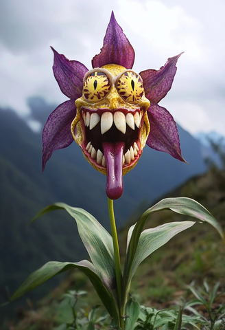 紫色黄花兰花带愤怒花脸