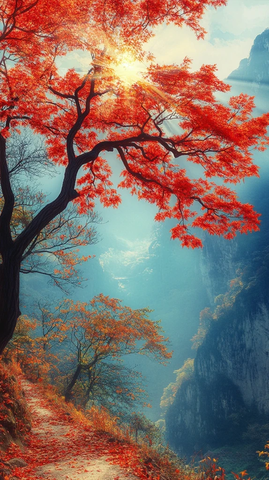 红叶金光映照树影斑驳