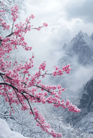 雪中盛开梅花枝