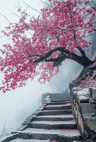 石阶梅花雪景雾中红树