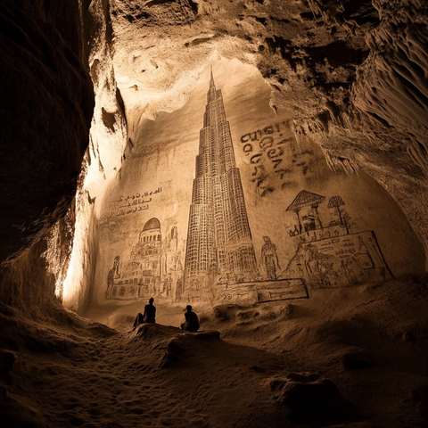 洞穴内观赏墙上建筑涂鸦的两人