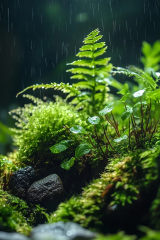 雨林苔藓水滴岩石微距