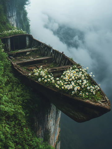 悬崖半悬废弃船花海盛放