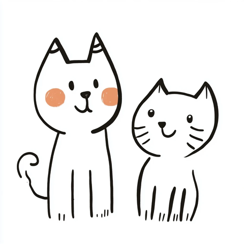 猫咪与狗狗线绘简约插画