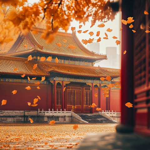 故宫古建筑群中飘满秋叶的秋景