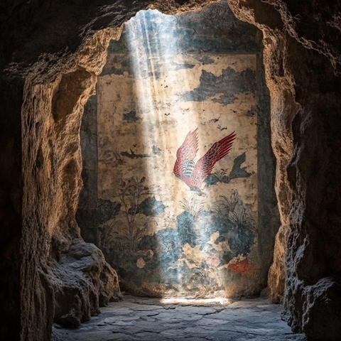 石窟中壁画凤凰与射进光线的景象