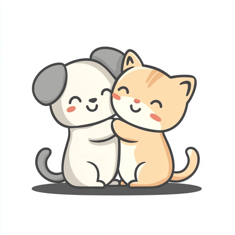 狗狗猫咪抱抱插画