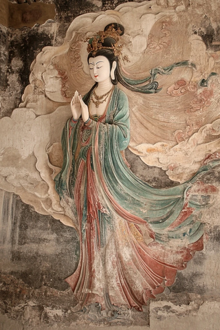 古代壁画中作揖姿态的典雅仙女形象