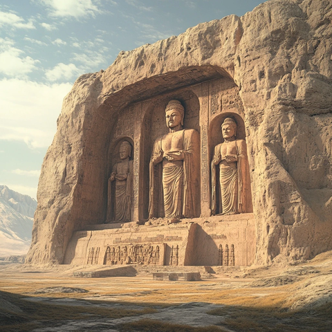 巨岩上的佛像雕刻壮观景象