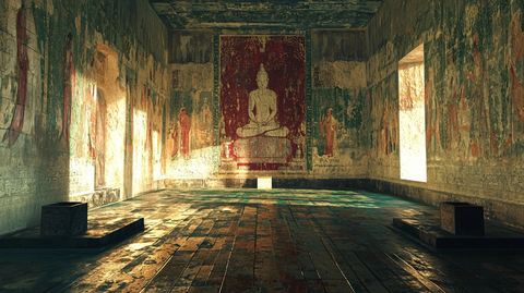 带有佛像壁画的破旧古寺庙室内景象