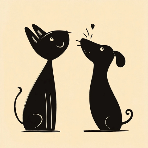 猫咪与狗狗友好互动插画