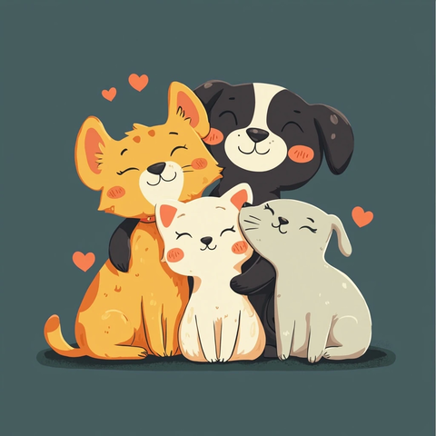 宠物拥抱舔舐并肩坐