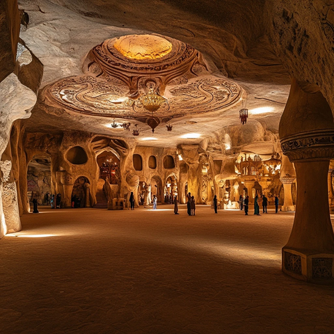 洞穴内的精美雕刻与人群的参观景象