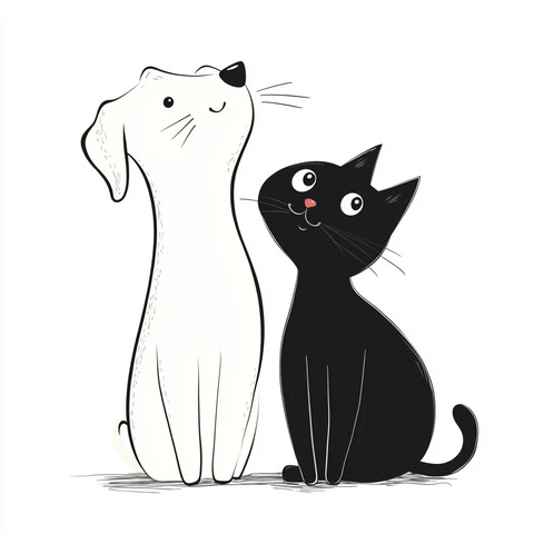 白色小狗黑色小猫线描图