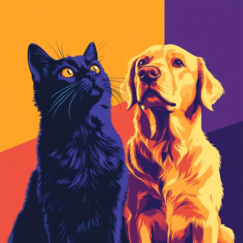 黑猫金毛犬并肩坐