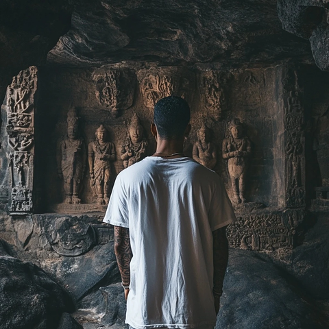 男子于石窟内欣赏古老神像雕刻