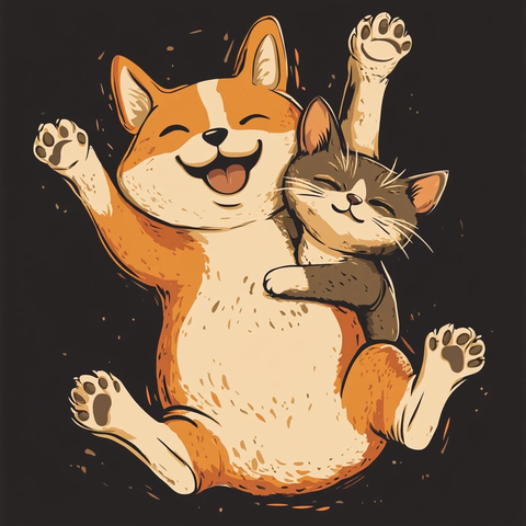 狗狗仰卧猫猫抚摸