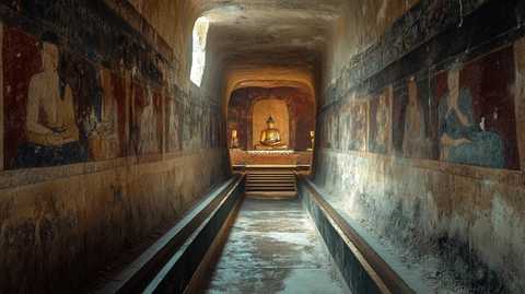 带有佛像壁画的古老地下通道