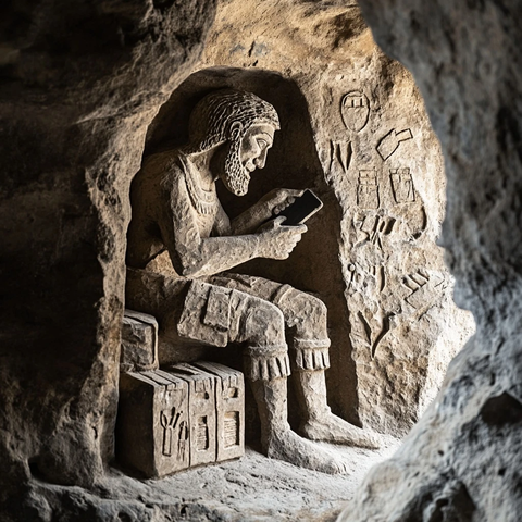 洞穴中看手机的古代人物雕像