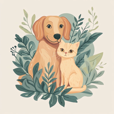 狗猫相伴绿叶背景