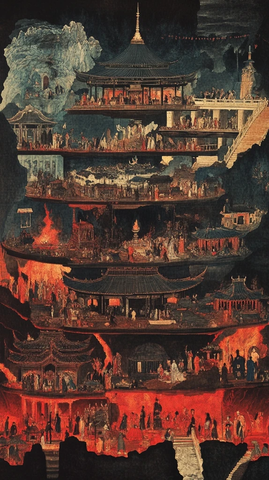 多层中式建筑中活动着众多人物的场景