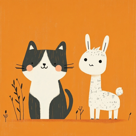 小猫小狗与小羊驼坐在一起