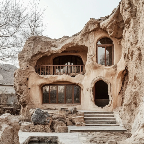 依山而建的特色岩石洞穴房屋