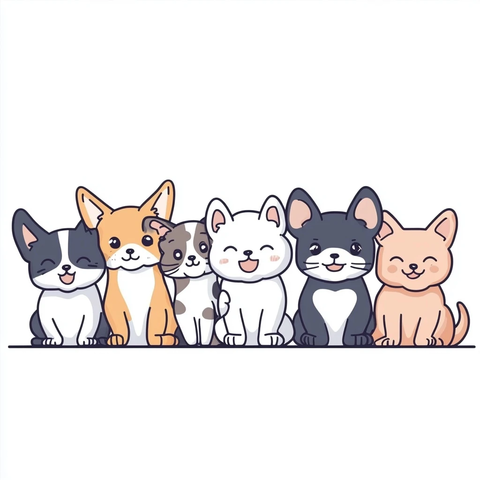 小猫小狗并排微笑坐