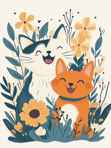 猫狗花间微笑插画