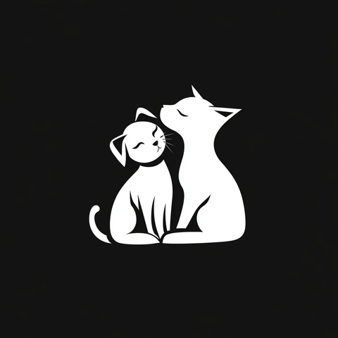 猫狗相拥黑白剪影