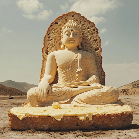 沙漠中面包材质的佛像雕塑