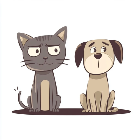 猫狗低头坐在地上