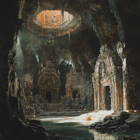 神秘古老洞穴内的遗迹建筑