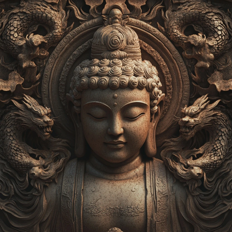雕刻有龙纹的佛像头部特写