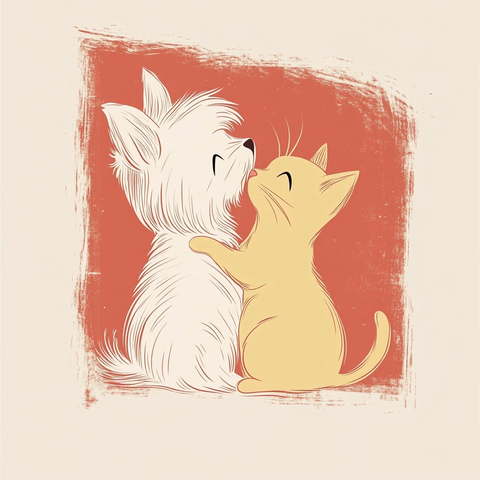 西高地犬与金色猫咪拥抱