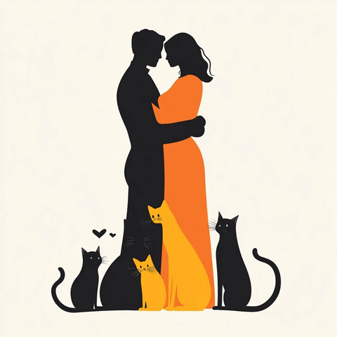 夫妻与四猫的扁平轮廓设计