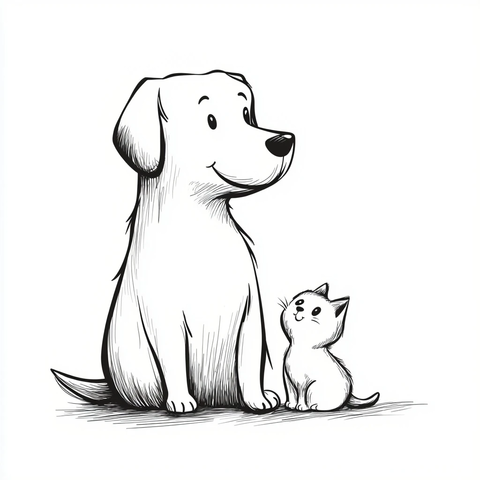 小狗坐姿与小猫相伴