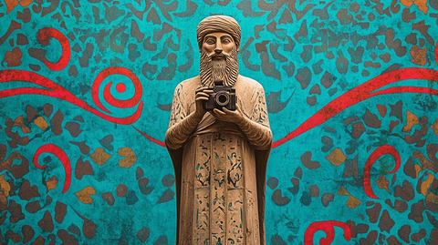 手持相机人物雕像的艺术展示